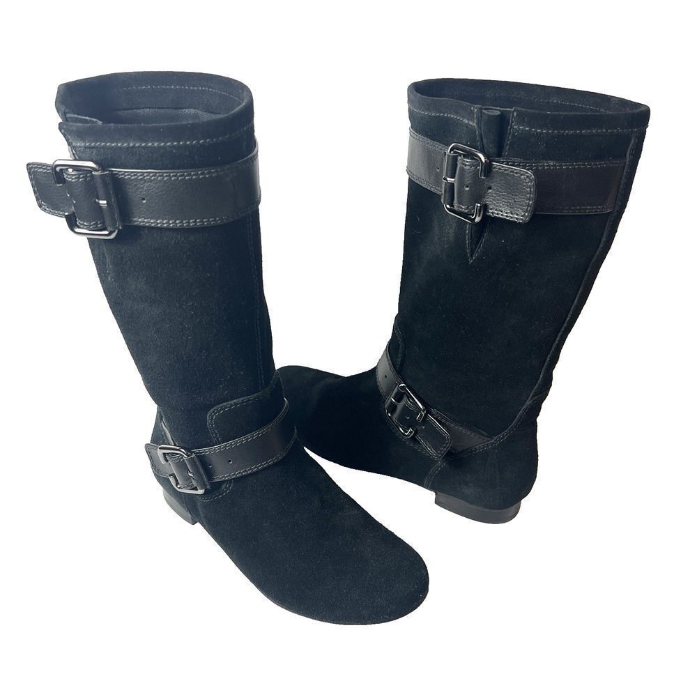 Marc Fisher Women 6.5M Mid Calf Boots Black Suede Comfort Casual Pull On Buckled